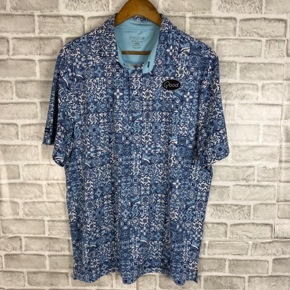 Good Good Golf Mens Large Blue Mosaic Tile Whale Print Performance Polo Shirt